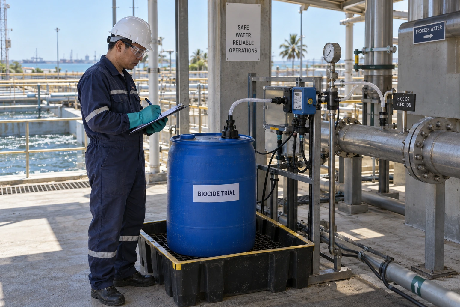 A Chinese water-treatment engineer documents a closed metering-pump setup connected from a contained blue trial drum to a process-water line.
