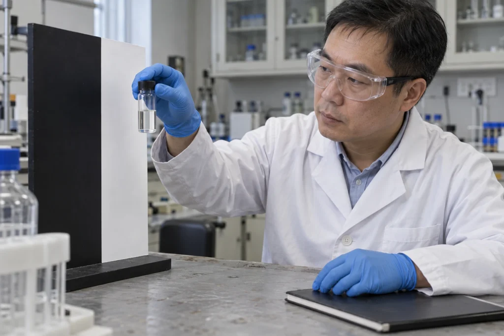 A laboratory technician wearing goggles and gloves examines a capped vial of clear liquid beside a black-and-white inspection board.