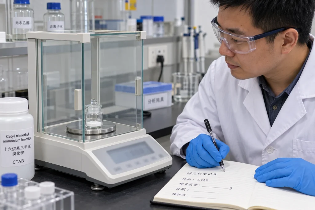 A chemist records a sample measurement beside an enclosed analytical balance holding a stoppered bottle of white powder.