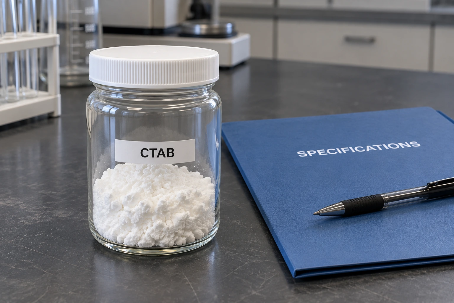 A sealed glass jar labeled CTAB contains white powder beside a blue specifications folder and pen.