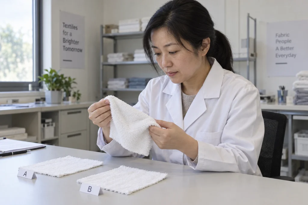 A textile technician gently flexes a white cotton terry swatch beside two coded fabric samples.