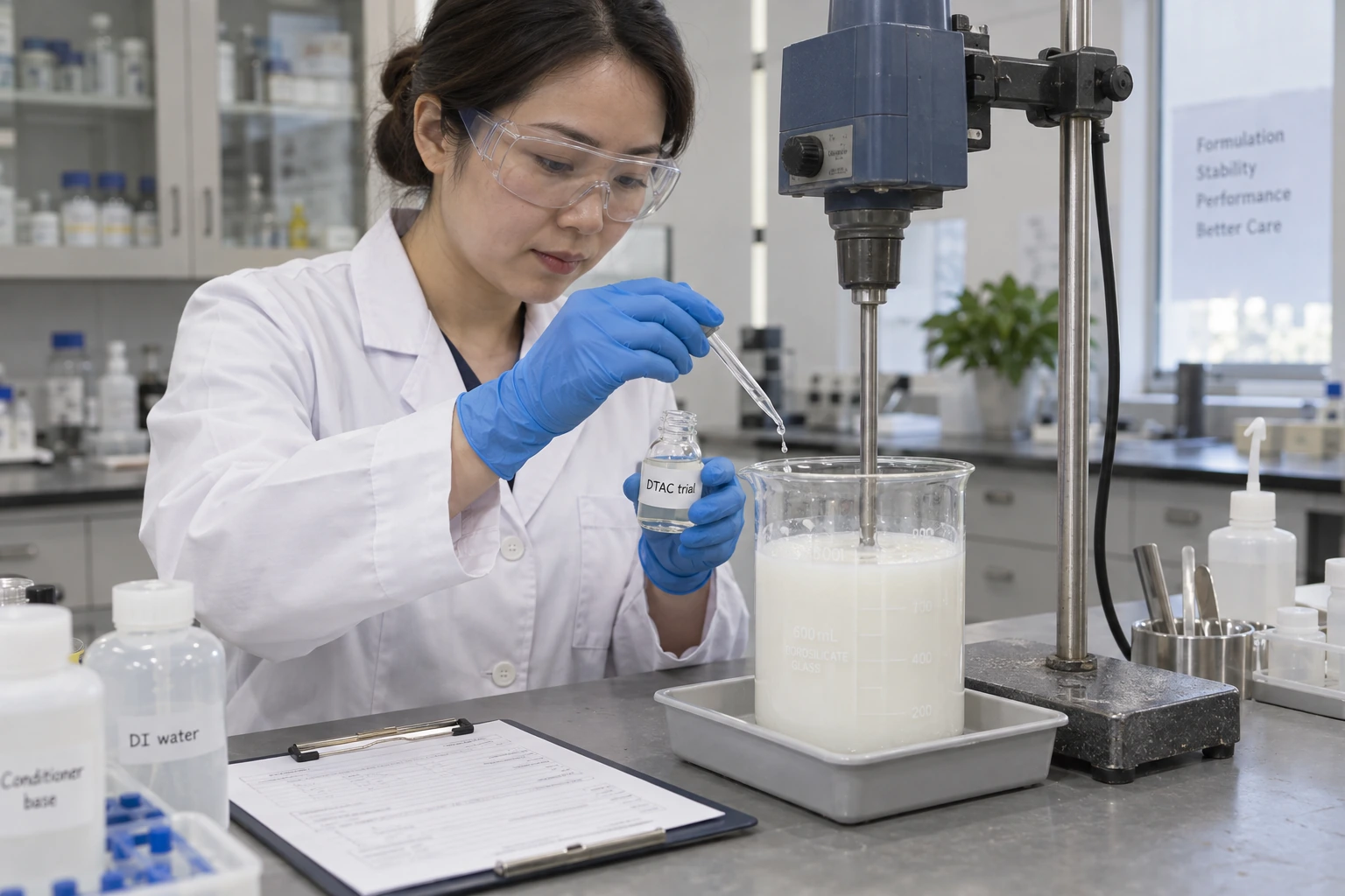A Chinese formulation chemist adds a clear DTAC trial solution to a white conditioner emulsion under controlled overhead mixing.