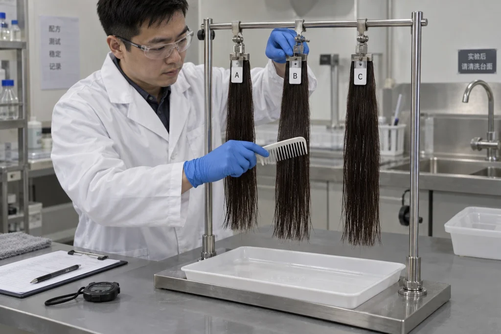 A laboratory technician gently combs one of three coded damp hair tresses held on a supported stainless test rack.