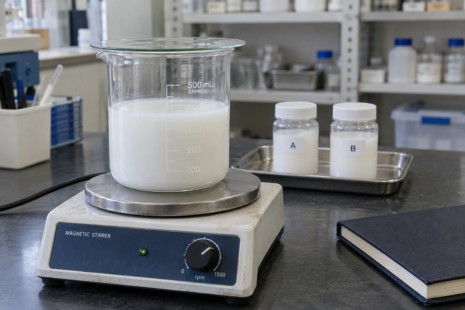 A covered beaker of milky white dispersion sits on a stirrer beside two capped formulation sample jars.