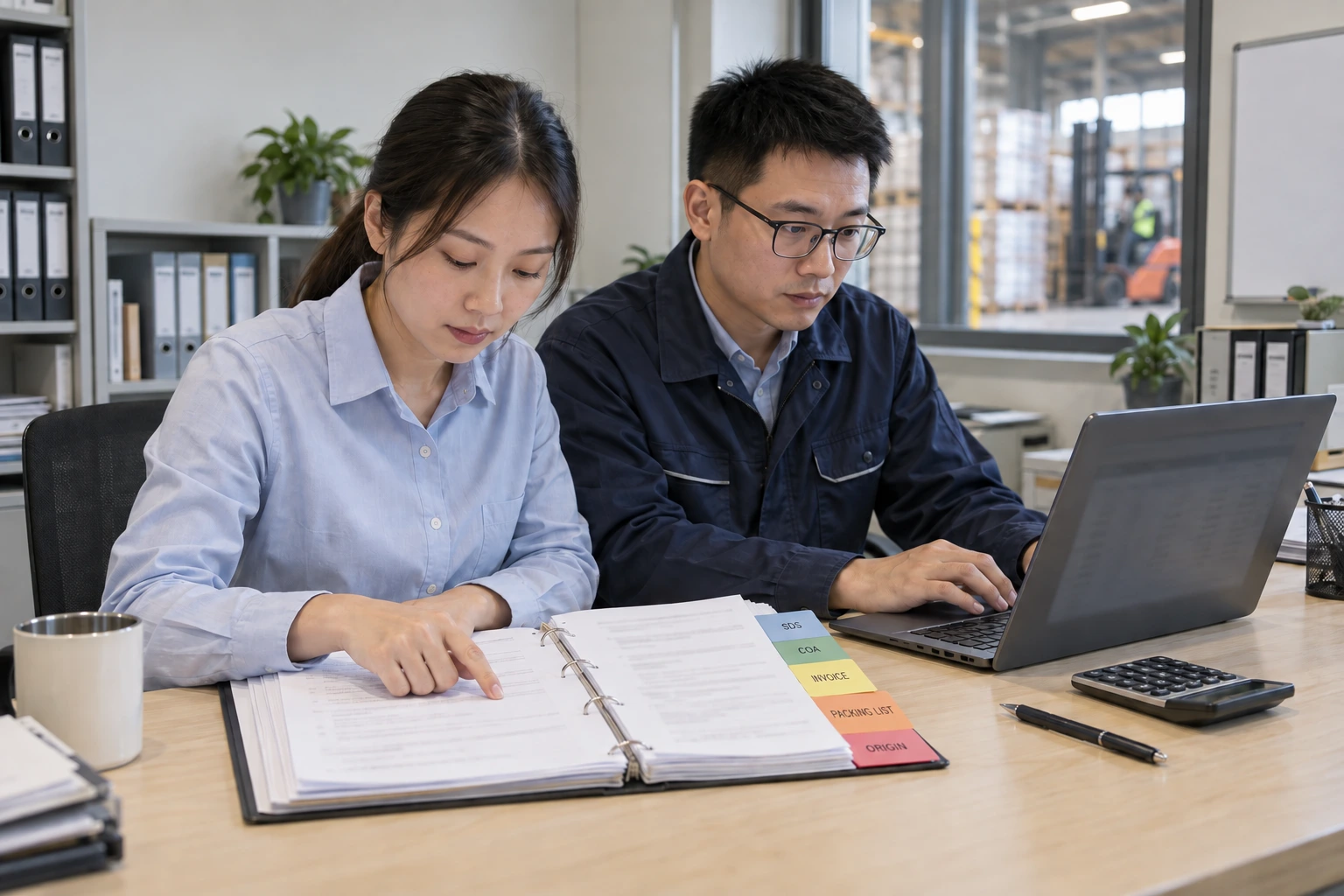 Two export-documentation colleagues review a binder with SDS, COA, invoice, packing list and origin tabs beside a laptop.