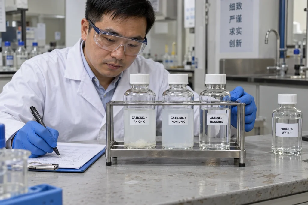 A Chinese technician records clarity, haze and settling observations from capped mixed-surfactant samples prepared with process water.
