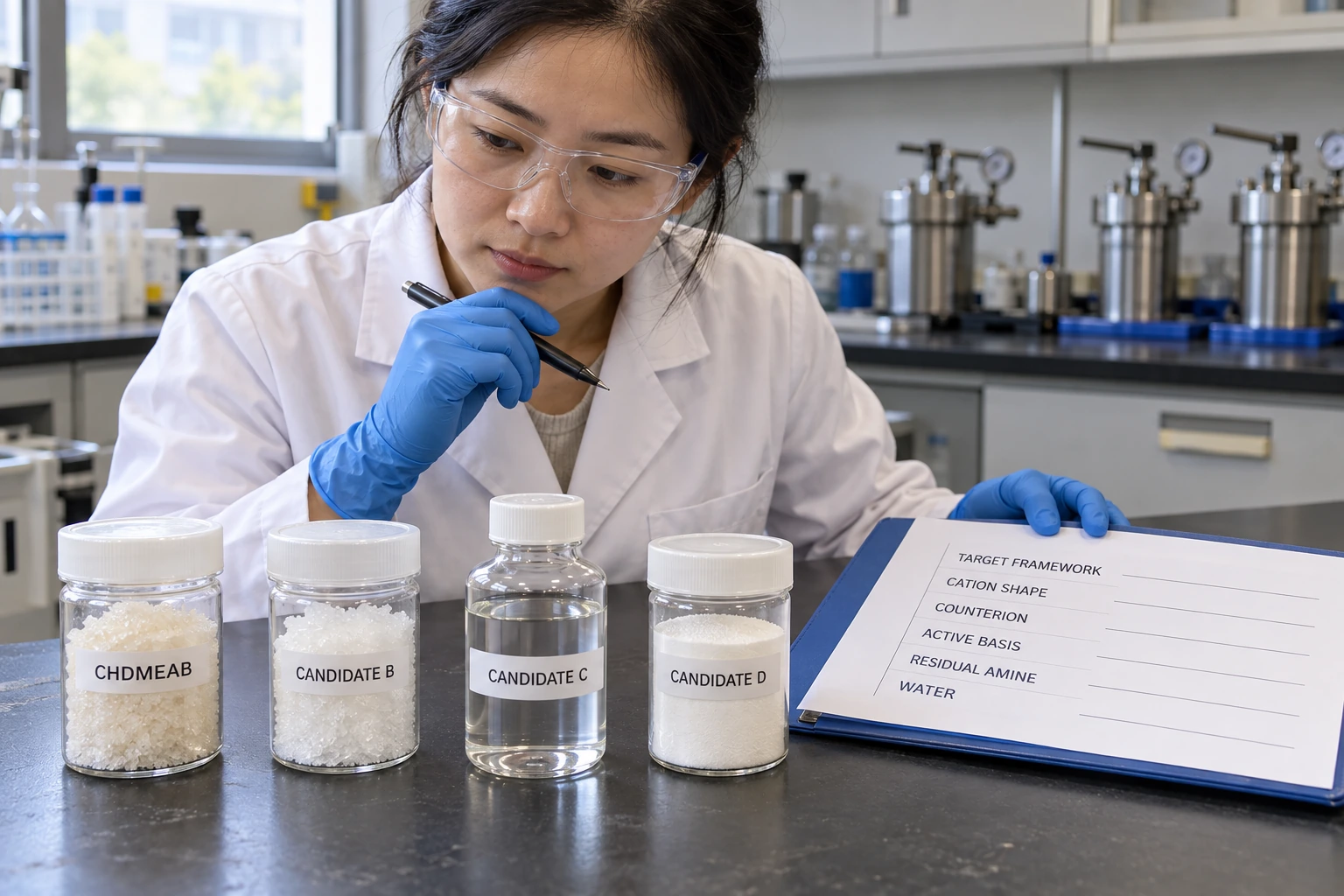 A Chinese materials researcher reviews sealed CHDMEAB and coded alternative structure-directing-agent samples beside a blank selection checklist.