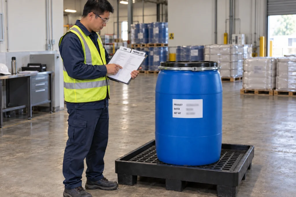 An export inspector compares COA and packing-list paperwork with the label on a sealed blue chemical drum.