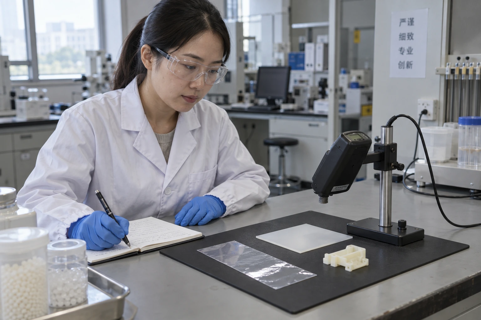 A Chinese materials technician records observations while plastic film, a plaque and a molded part are positioned on a grounded mat beneath a static field meter.