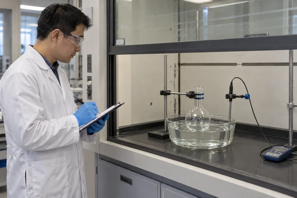 A chemist records observations beside an empty clamped flask in a water bath with a separate temperature probe.