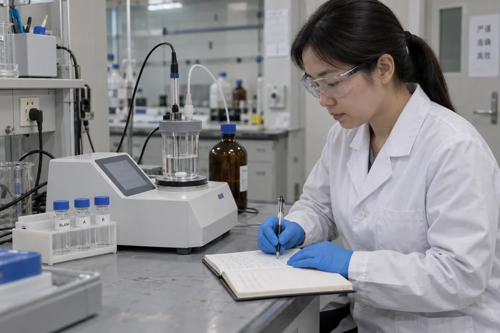 A Chinese analytical chemist records a run on an automatic potentiometric titrator beside capped blank and sample vials.