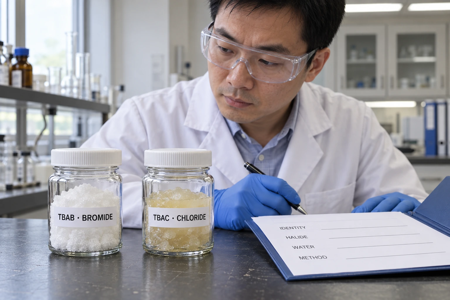 A Chinese QC chemist reviews sealed TBAB bromide and TBAC chloride samples beside a blank identity, halide, water and method checklist.