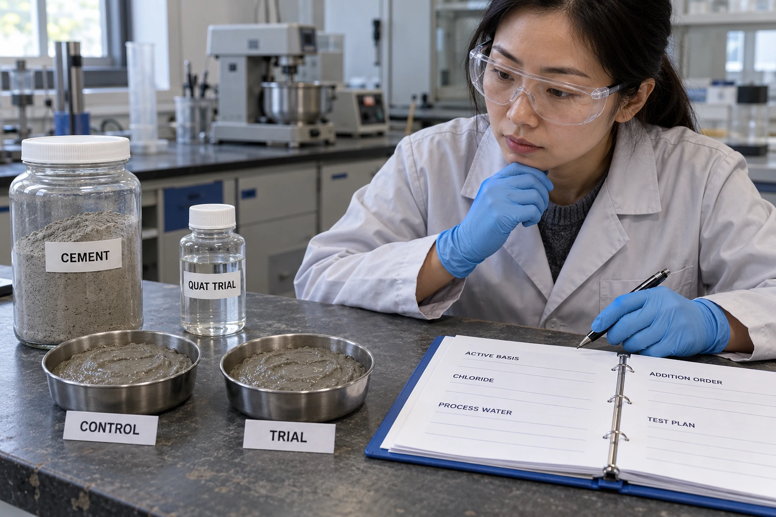 A Chinese construction-materials chemist reviews sealed cement and quat trial samples beside similar control and trial cement pastes and a blank test plan.