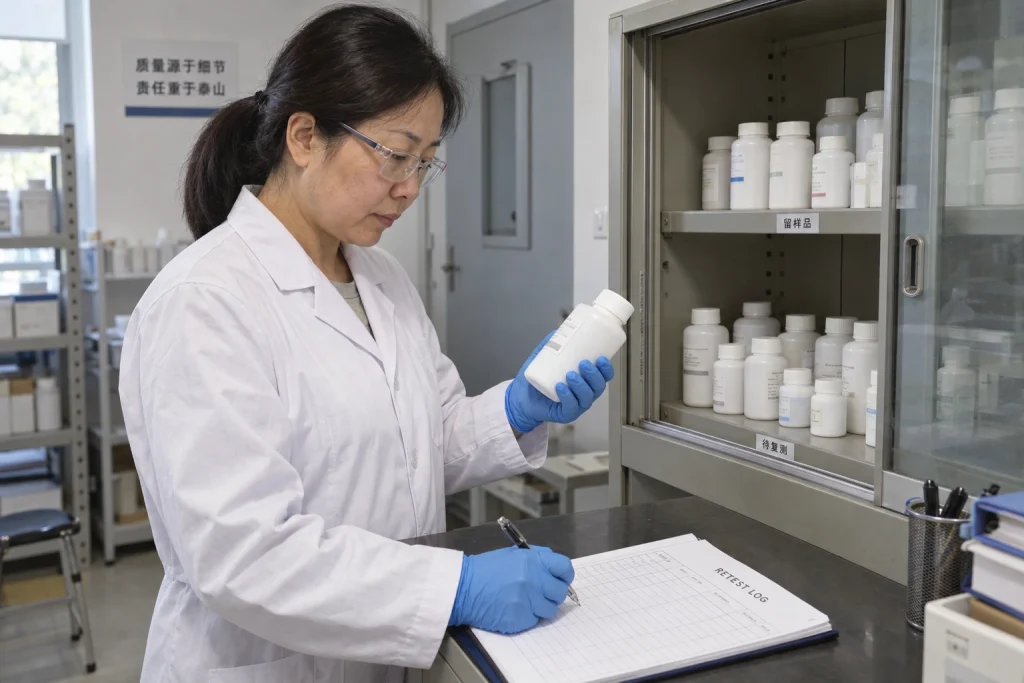 A technician checks a capped sample bottle and writes in a retest log beside a sample storage cabinet.