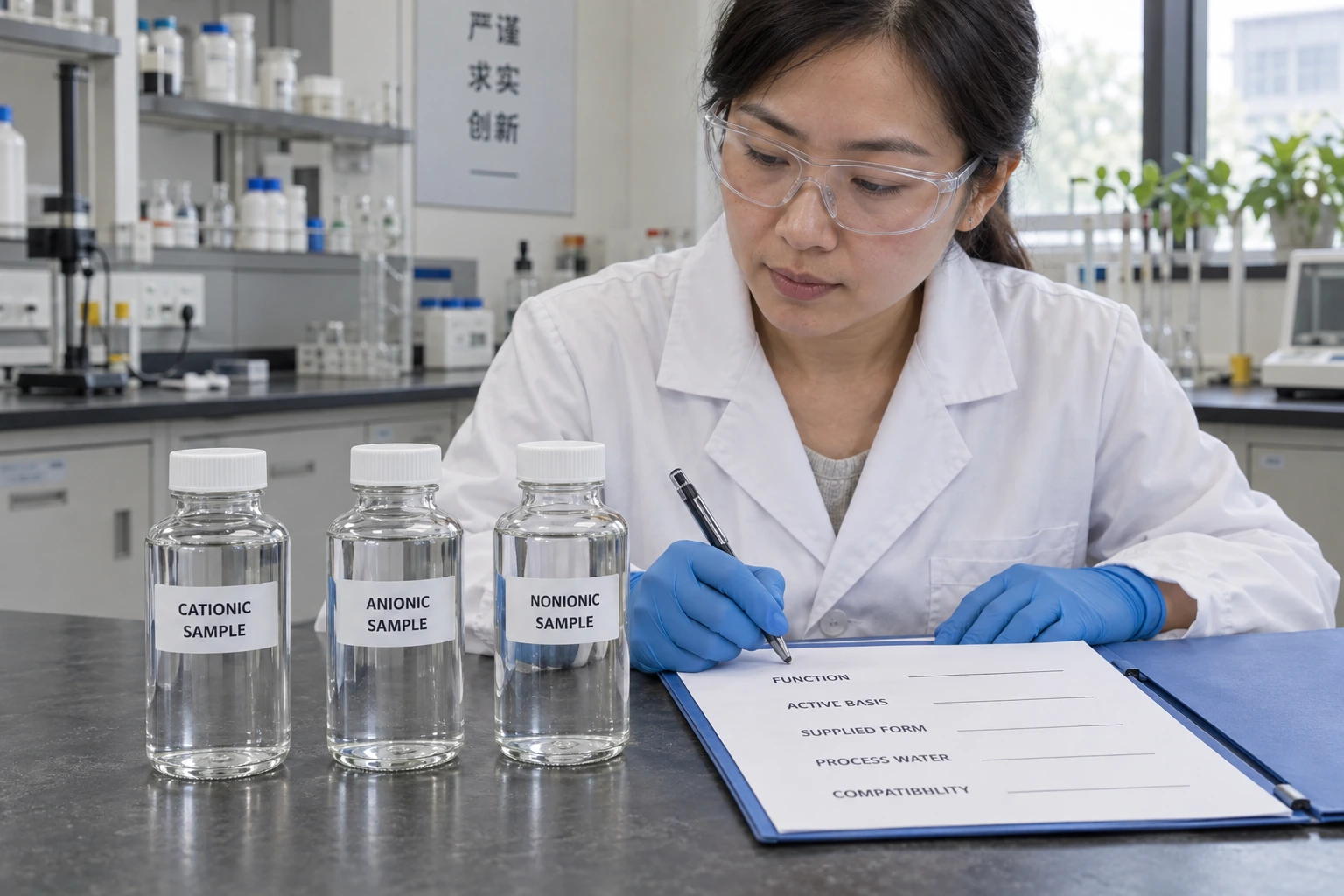 A Chinese formulation chemist compares sealed cationic, anionic and nonionic surfactant samples beside a blank buyer evaluation checklist.