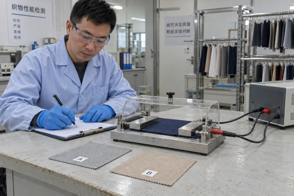 A textile technician records a guarded surface-resistance test on a navy synthetic fabric swatch, with coded samples A and B nearby.