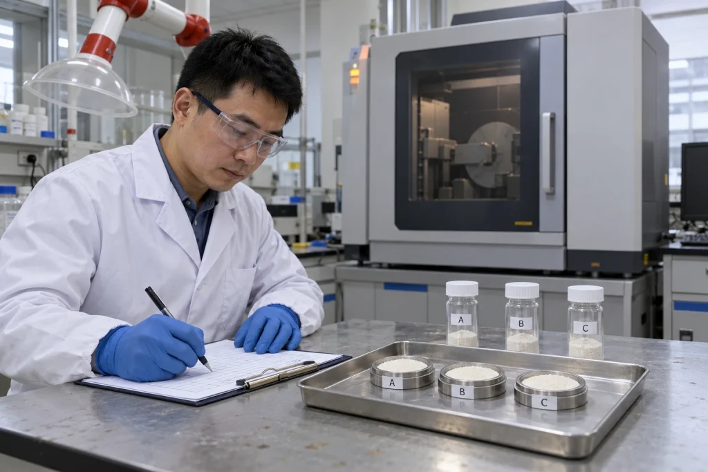 A Chinese materials researcher records three coded zeolite powder samples prepared in flat holders beside a closed X-ray diffractometer.