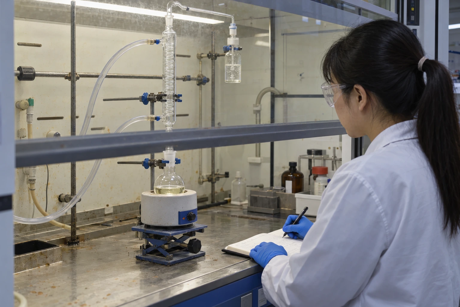 A Chinese synthetic chemist records a supported reflux reaction running behind the lowered sash of a laboratory fume hood.