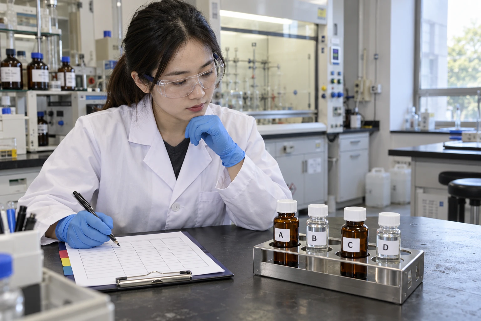 A Chinese process chemist reviews four sealed coded candidate samples beside a blank comparison matrix in a fine-chemical laboratory.