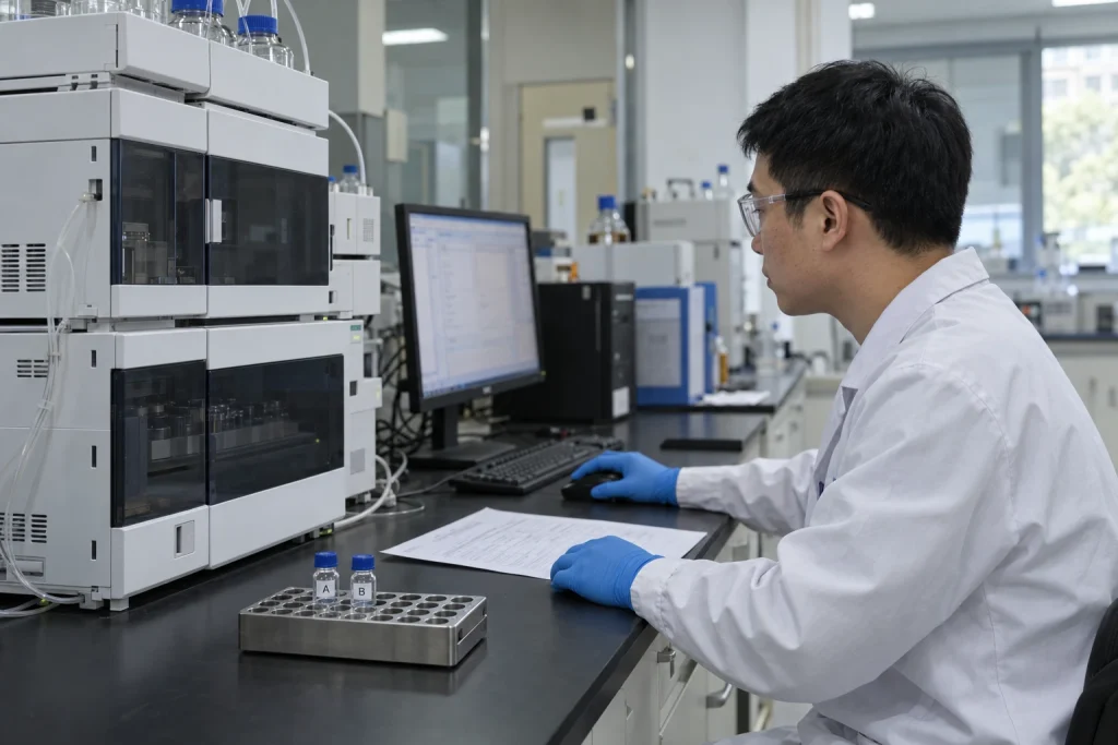A Chinese analytical chemist reviews a closed HPLC system with two capped coded vials supported in a metal sample rack.