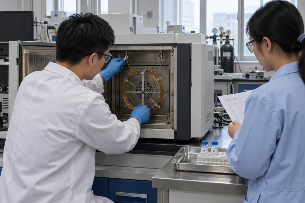 A Chinese analyst installs a supported capillary column in a powered-off gas chromatograph while a colleague reviews the setup checklist.