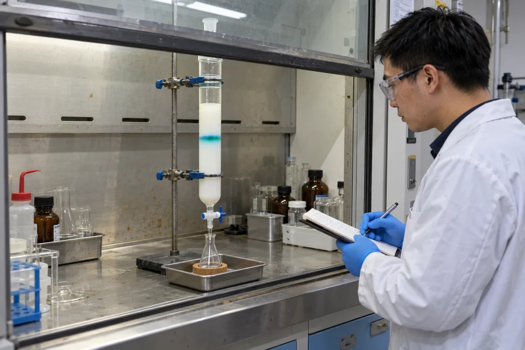 A Chinese research chemist observes a narrow blue-green band moving through a securely clamped silica chromatography column.