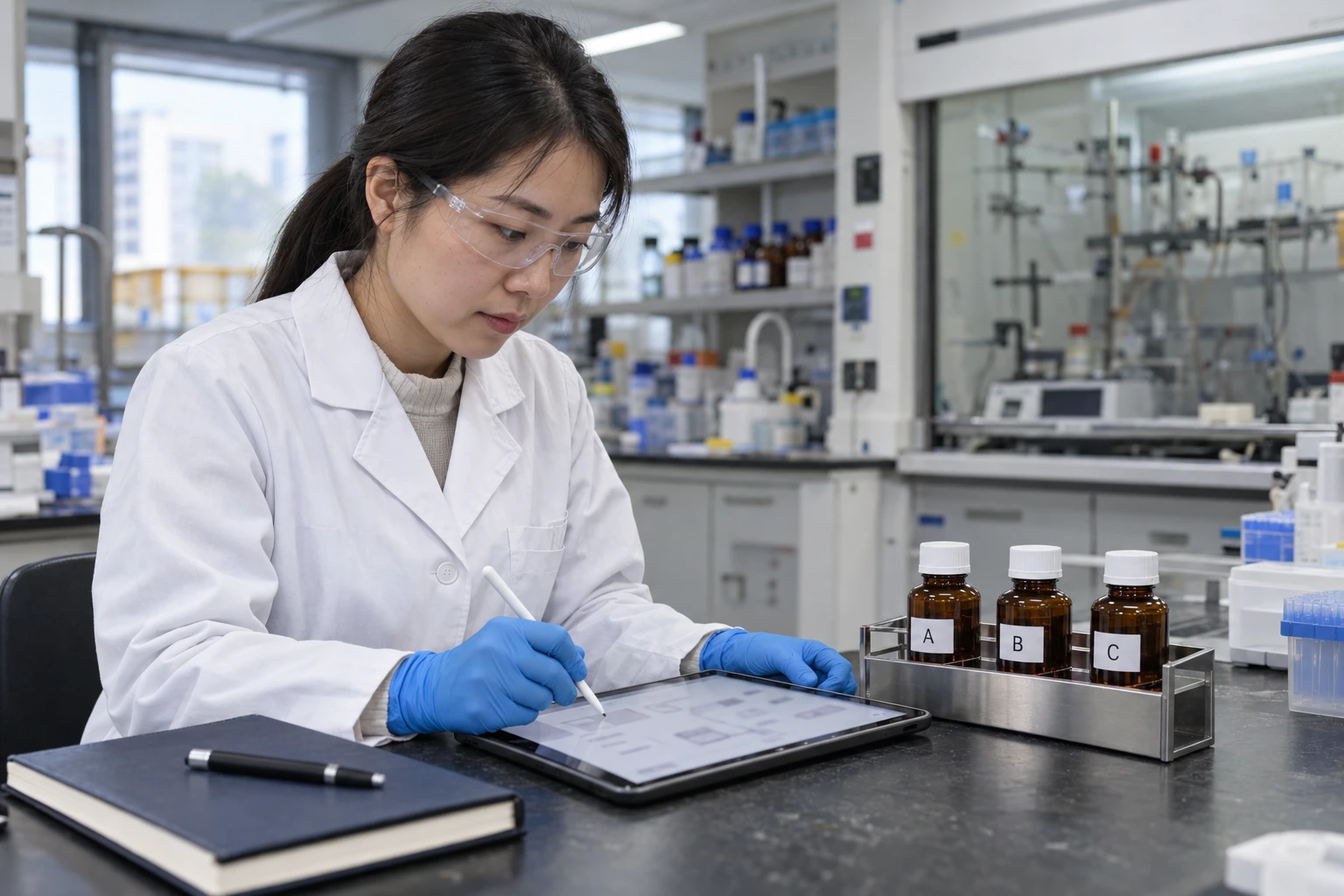 A Chinese medicinal chemist reviews three sealed coded building-block samples beside a tablet with indistinct route-planning diagrams.