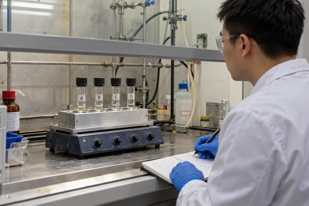 A Chinese synthetic chemist records observations while four sealed coded reaction tubes run in a supported block inside a fume hood.