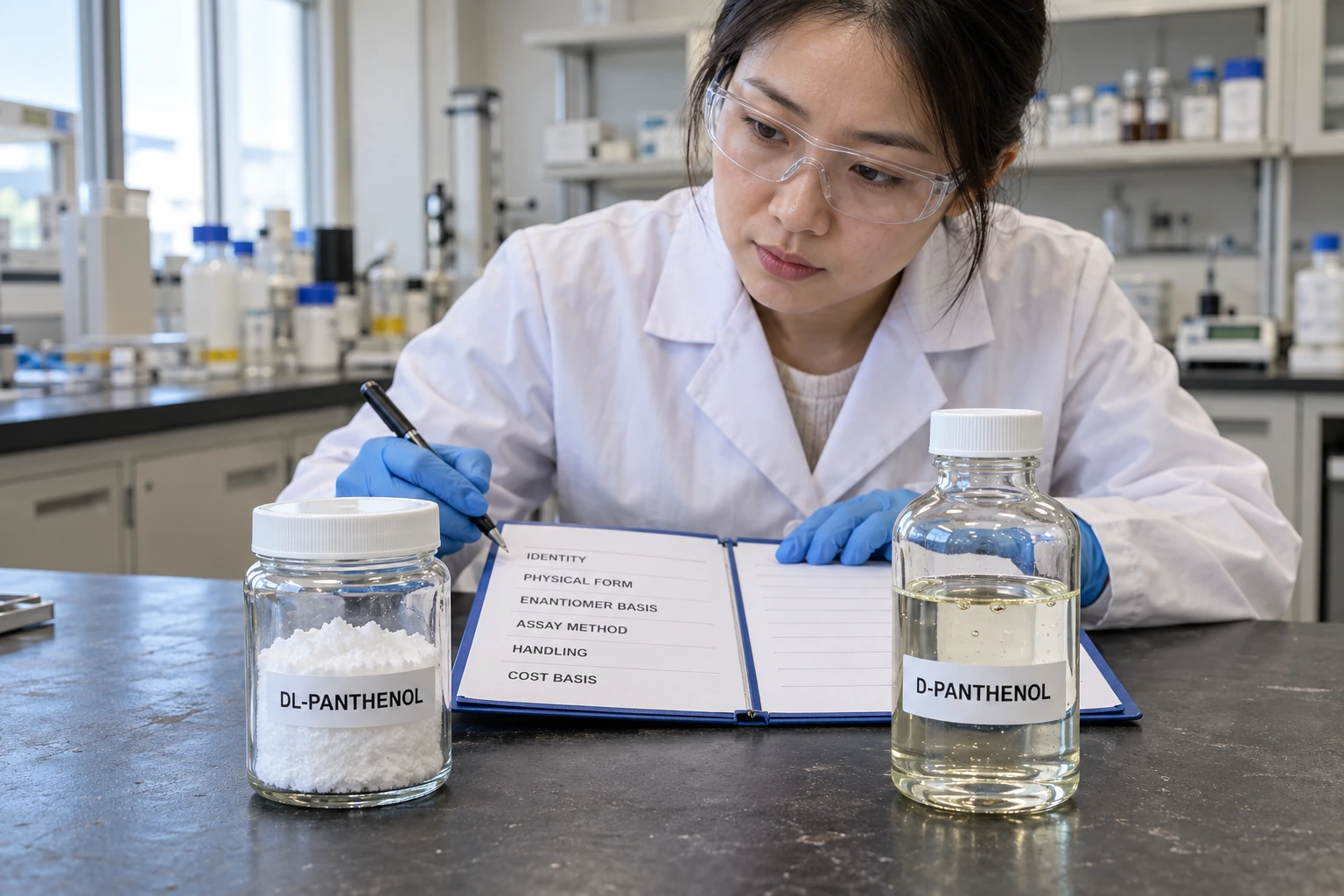 A Chinese formulation chemist compares sealed DL-Panthenol white powder with sealed D-Panthenol viscous liquid beside a blank sourcing checklist.