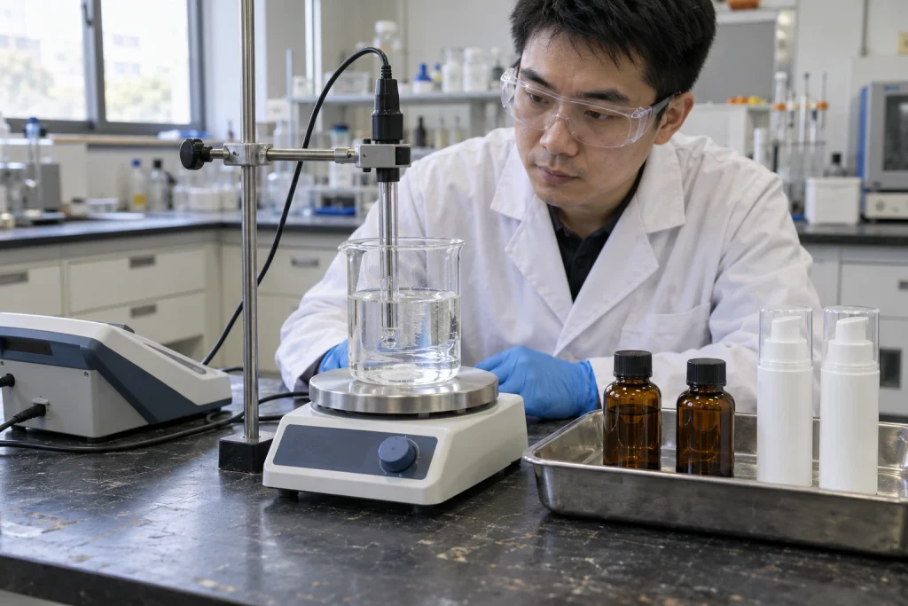 A Chinese QC technician monitors a supported pH test setup beside capped amber vials and opaque airless sample containers.