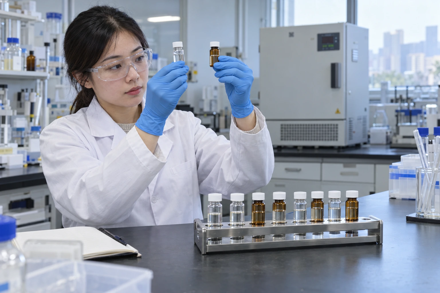 A Chinese formulation chemist compares capped clear and amber stability samples beside a closed benchtop temperature chamber.