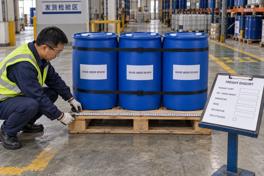 A Chinese warehouse inspector measures a strapped pallet of sealed drums beside a blank freight-enquiry checklist.