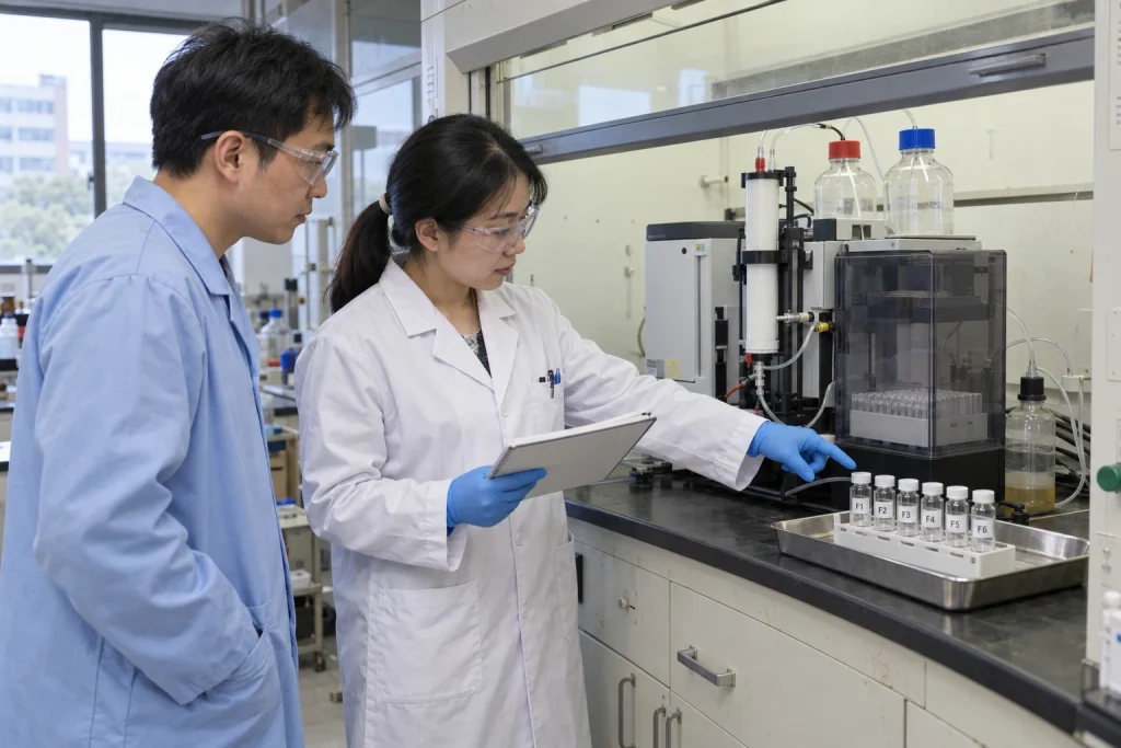 Chinese analytical and process chemists review six capped fractions beside a supported flash chromatography system in a fume hood.