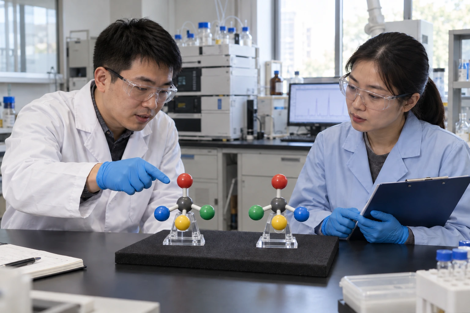 Two Chinese chemists compare supported mirror-image tetrahedral models with four distinct substituent colors around each central carbon.