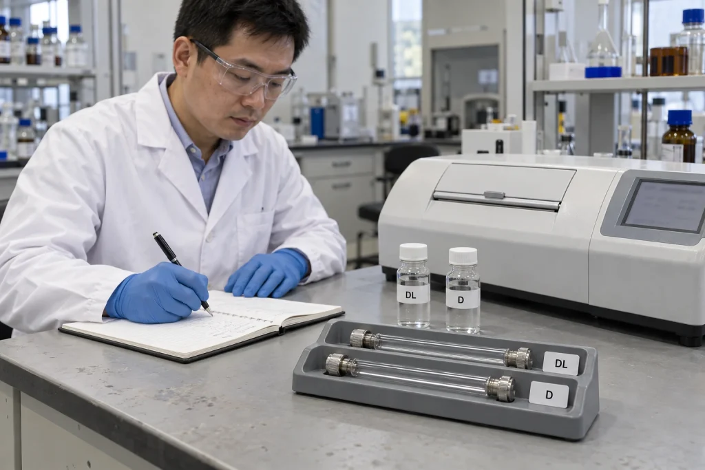 A Chinese analytical chemist records queued DL and D sample measurements beside capped solutions, polarimeter tubes and a closed digital polarimeter.