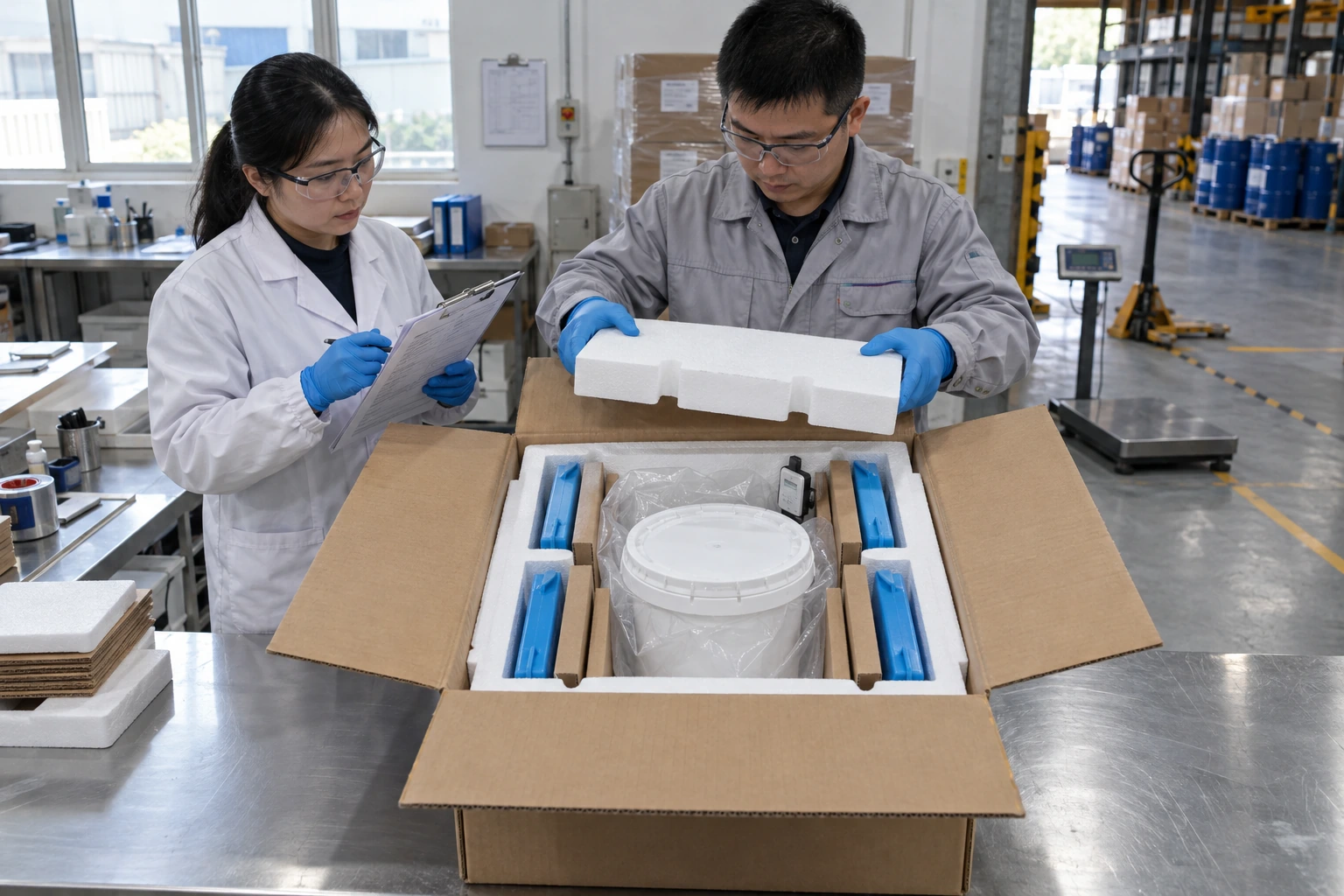 Chinese QA and packaging staff inspect a sealed inner pail, fitted spacers, phase-change panels, and a data logger inside an insulated shipper.