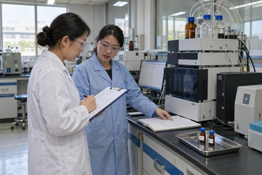 A Chinese auditor and QC analyst review a closed HPLC system, supported sample vials, and an unreadable qualification checklist.