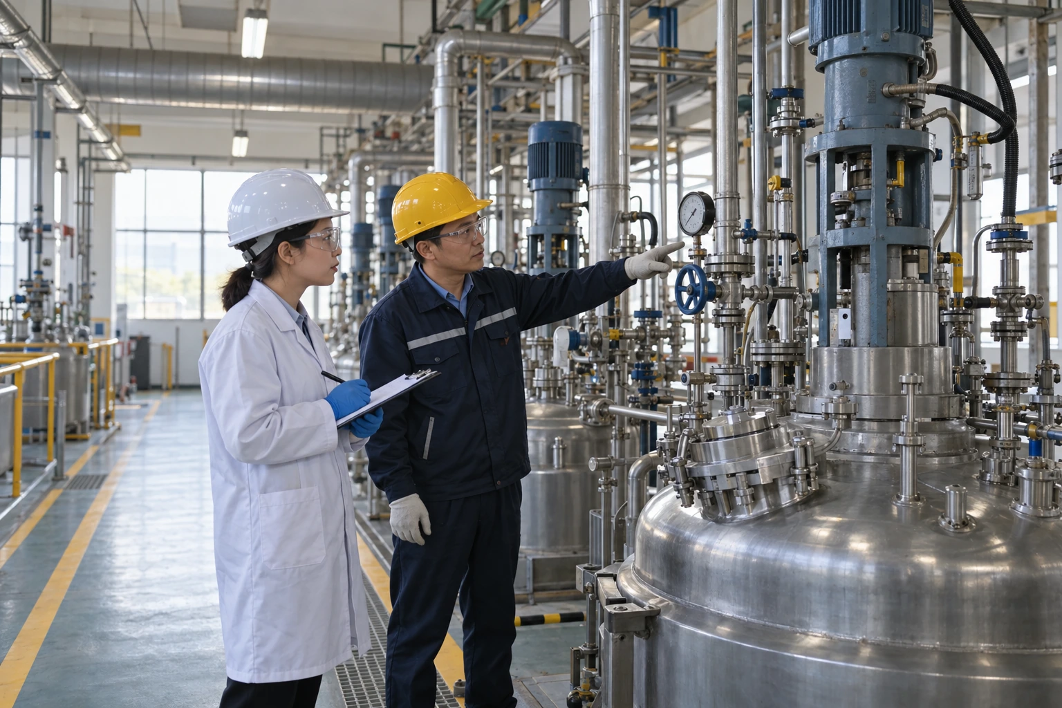 A Chinese quality auditor and process engineer review a closed reactor train from a marked walkway during a supplier assessment.