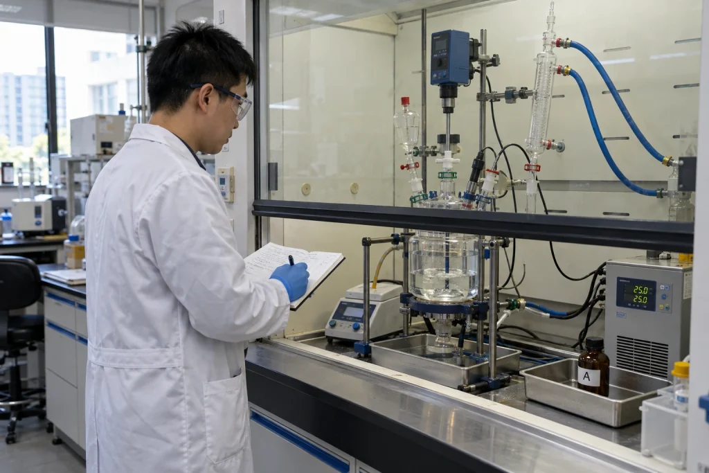A Chinese process chemist monitors a closed small-scale jacketed reactor inside a fume hood during a controlled building-block evaluation.