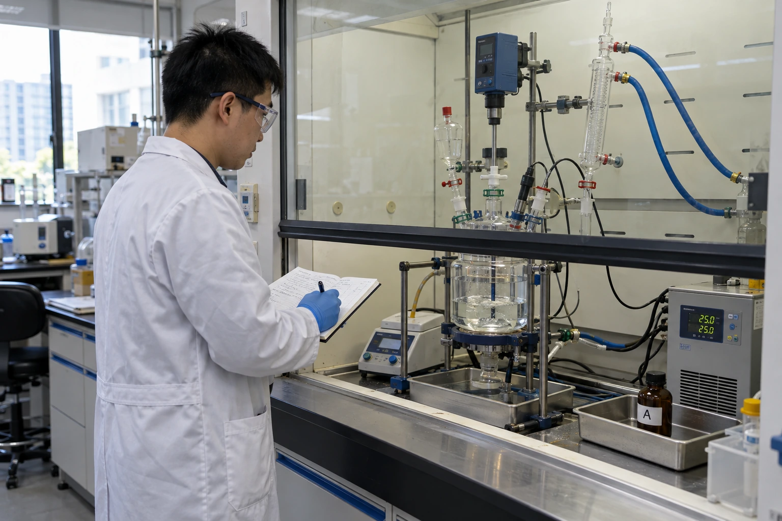 A Chinese process chemist monitors a closed small-scale jacketed reactor inside a fume hood during a controlled building-block evaluation.