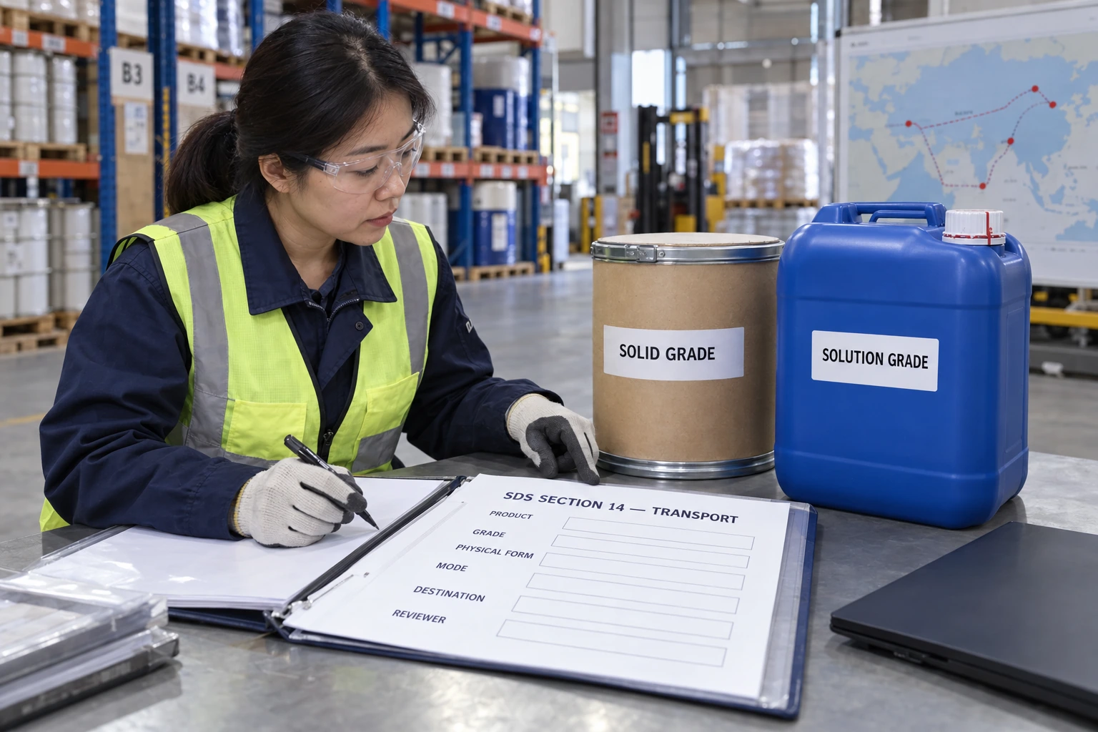 A Chinese logistics compliance specialist compares sealed solid and solution grades with a blank SDS Section 14 transport review sheet.