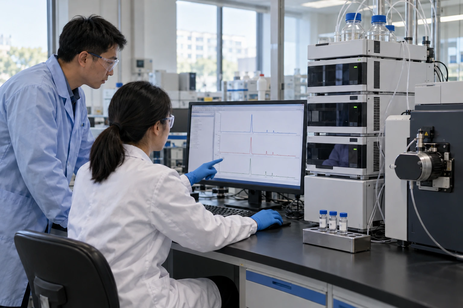 Two Chinese chemists review three generic chromatographic traces beside an LC-MS system and capped route-stage sample vials.