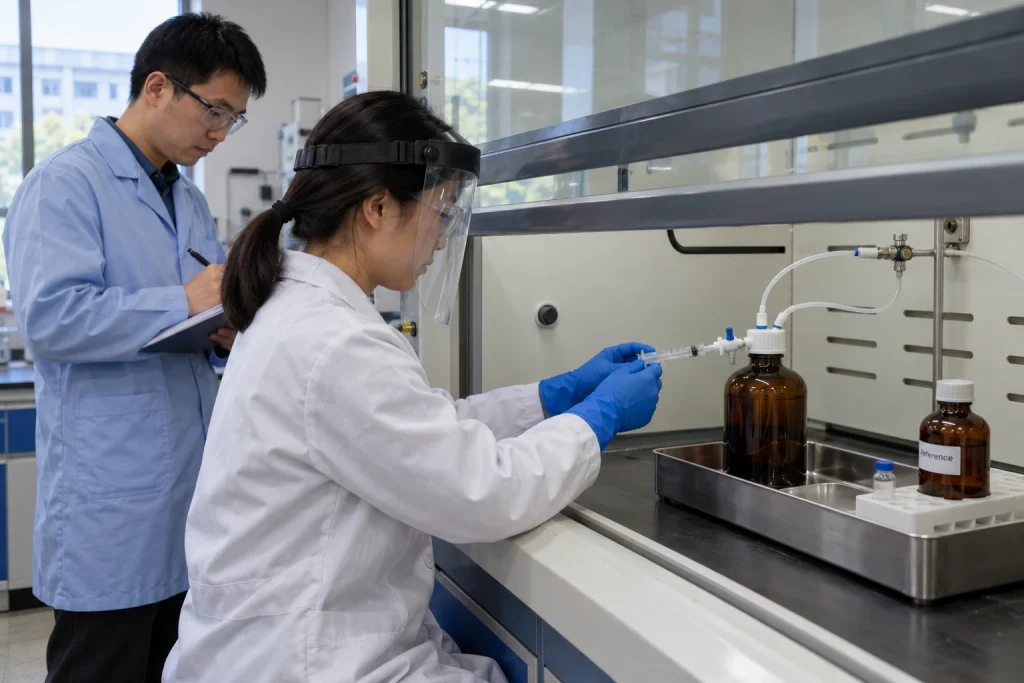 A Chinese analyst withdraws a small aliquot through a closed sampling valve while the sealed bottle remains under a protected headspace in a fume hood.