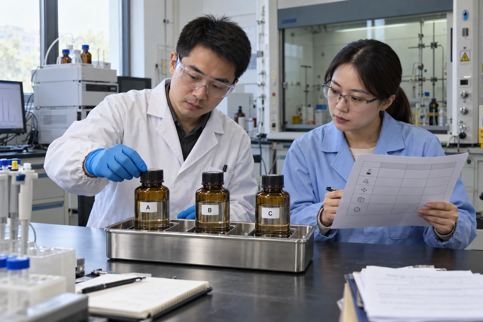 A Chinese QC chemist and technical buyer compare three sealed coded TBAH solution samples in a secondary-containment tray.