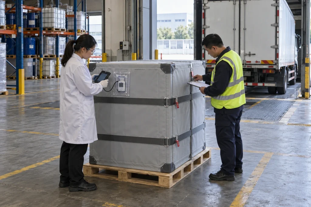 Chinese receiving staff review an external data logger and intact seals while a reusable insulated pallet shipper remains closed.